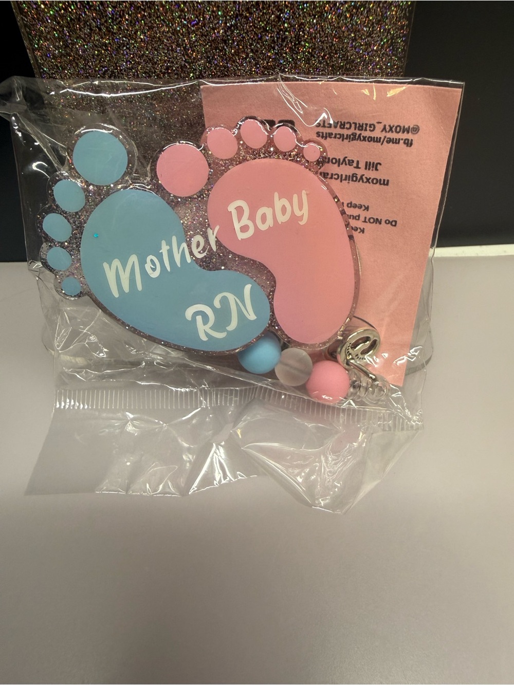 Mother Baby RN Pink & Blue Footprint badge reel